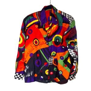 Vintage Louis Feraud Graphic Psychedelic Colorful Silk Blouse Shirt Size 10